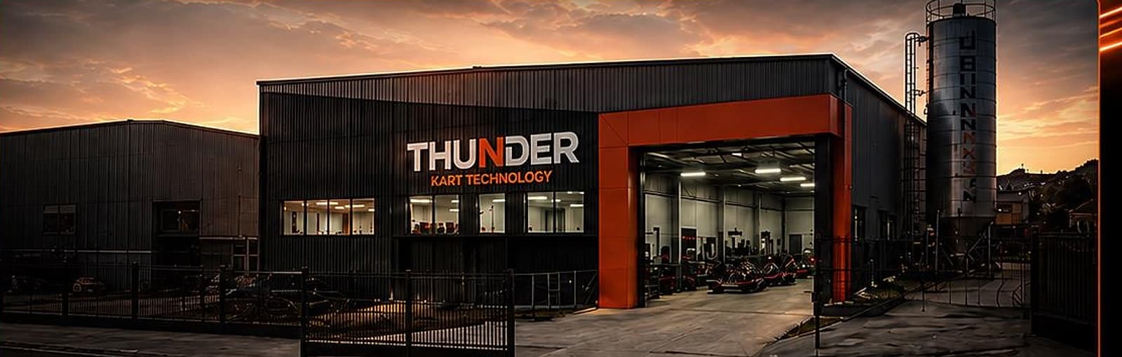 Fachada da fábrica Thunder Kart em Barueri ao entardecer