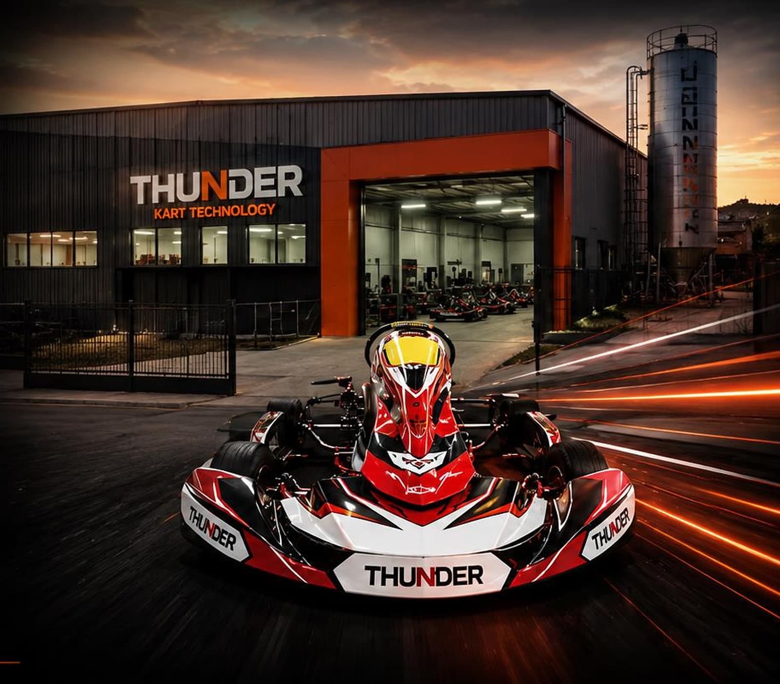 Fábrica Thunder Kart ao entardecer com um kart Thunder em movimento
